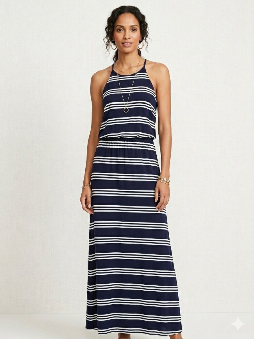 LOFT Navy & White Striped Halter Maxi Dress Keyhole Back Size M